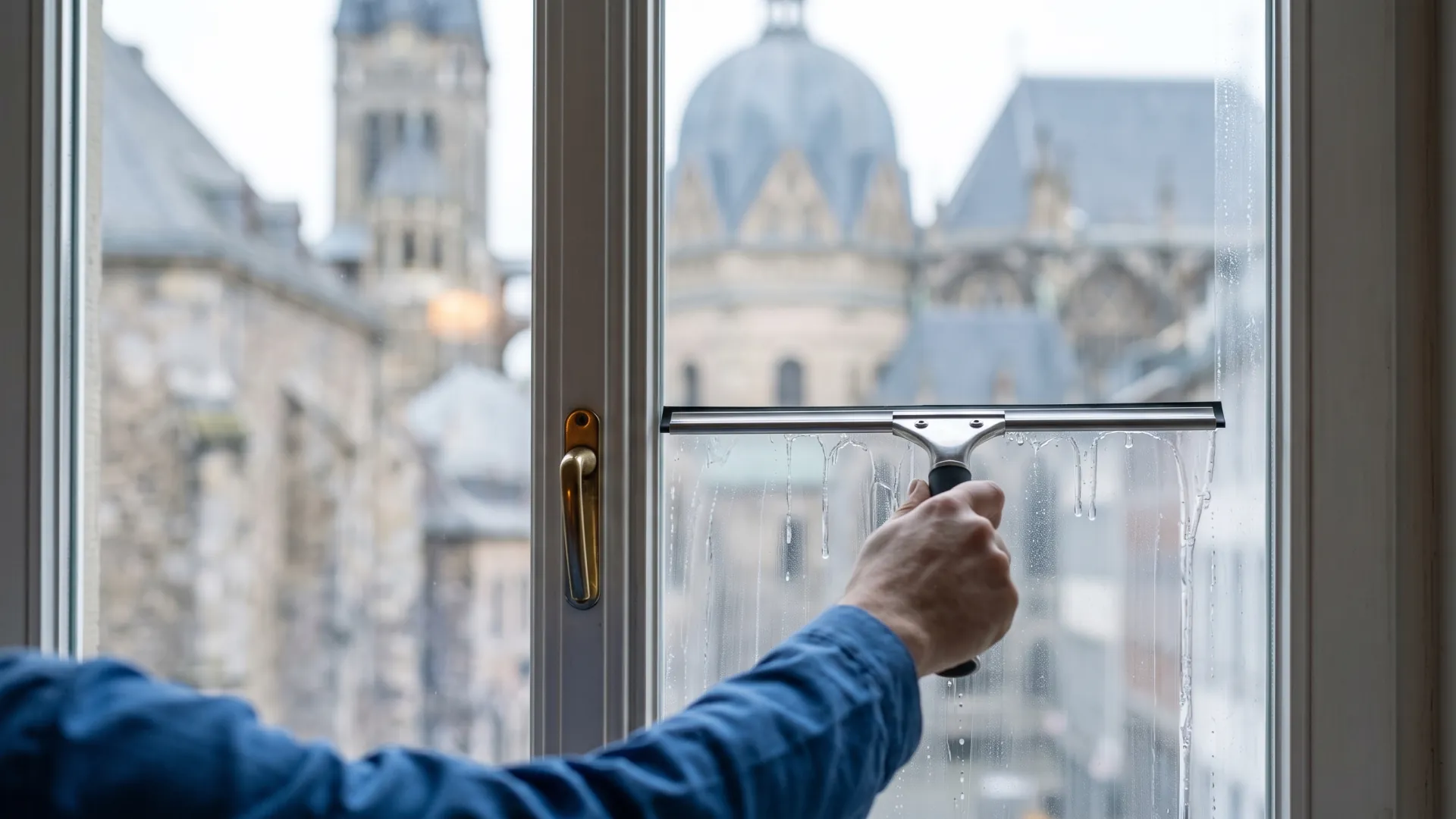 Fensterscheibe in Aachen wird abgezogen, in der Spiegelung die Kuppel des Aachener Doms, daneben ein Kalkschleier auf dem Glas.