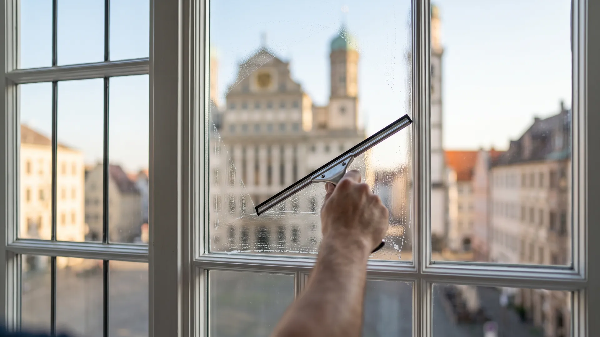 Sprossenfenster in der Augsburger Altstadt beim Putzen, im Glas spiegeln sich Rathaus und Perlachturm.