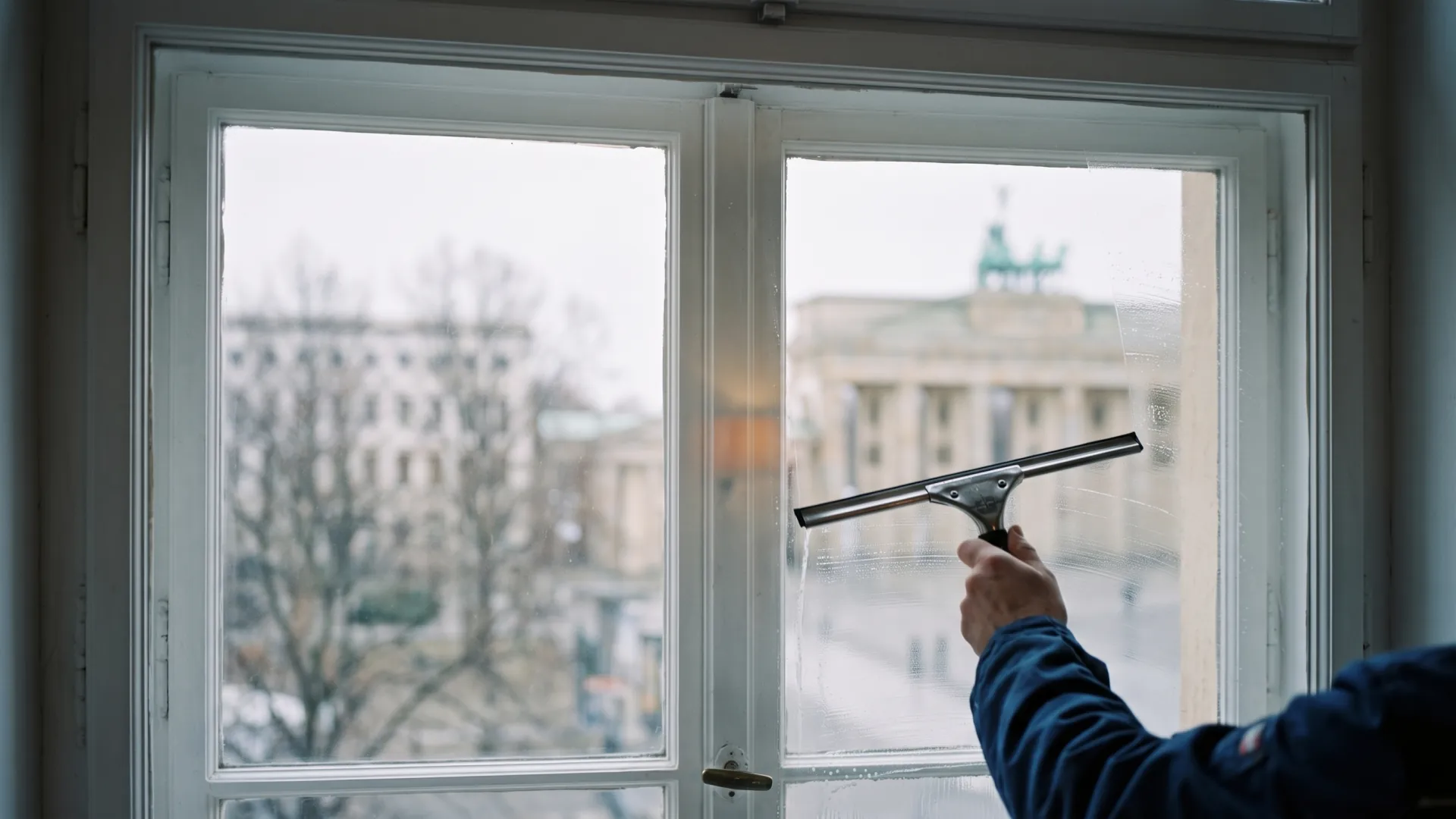 Berliner Kastendoppelfenster im Altbau wird geputzt, in der Scheibe spiegelt sich das Brandenburger Tor.