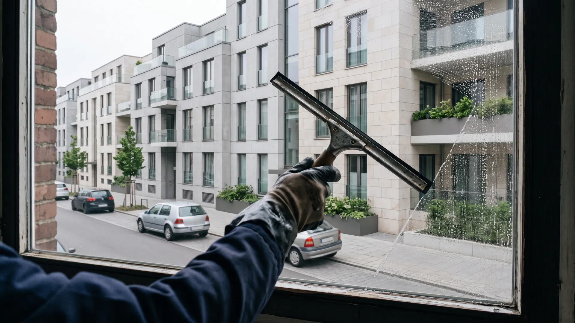 Fensterreiniger auf einer Trittleiter vor einer Bochumer Nachkriegsfassade, eine Reihe gleichförmiger Fenster.