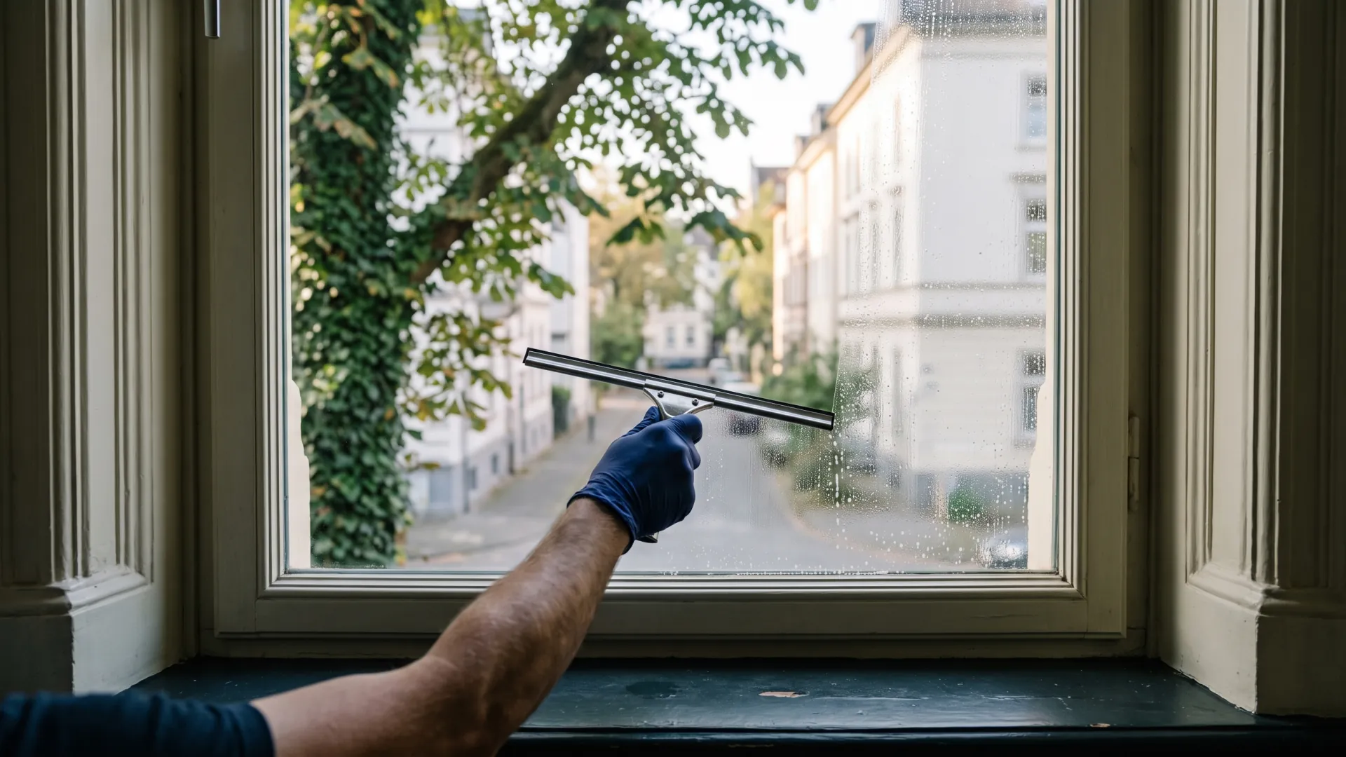 Hohes Gründerzeitfenster einer Bonner Villa mit Stuckrahmen wird gereinigt, Morgenlicht streift über das Glas.