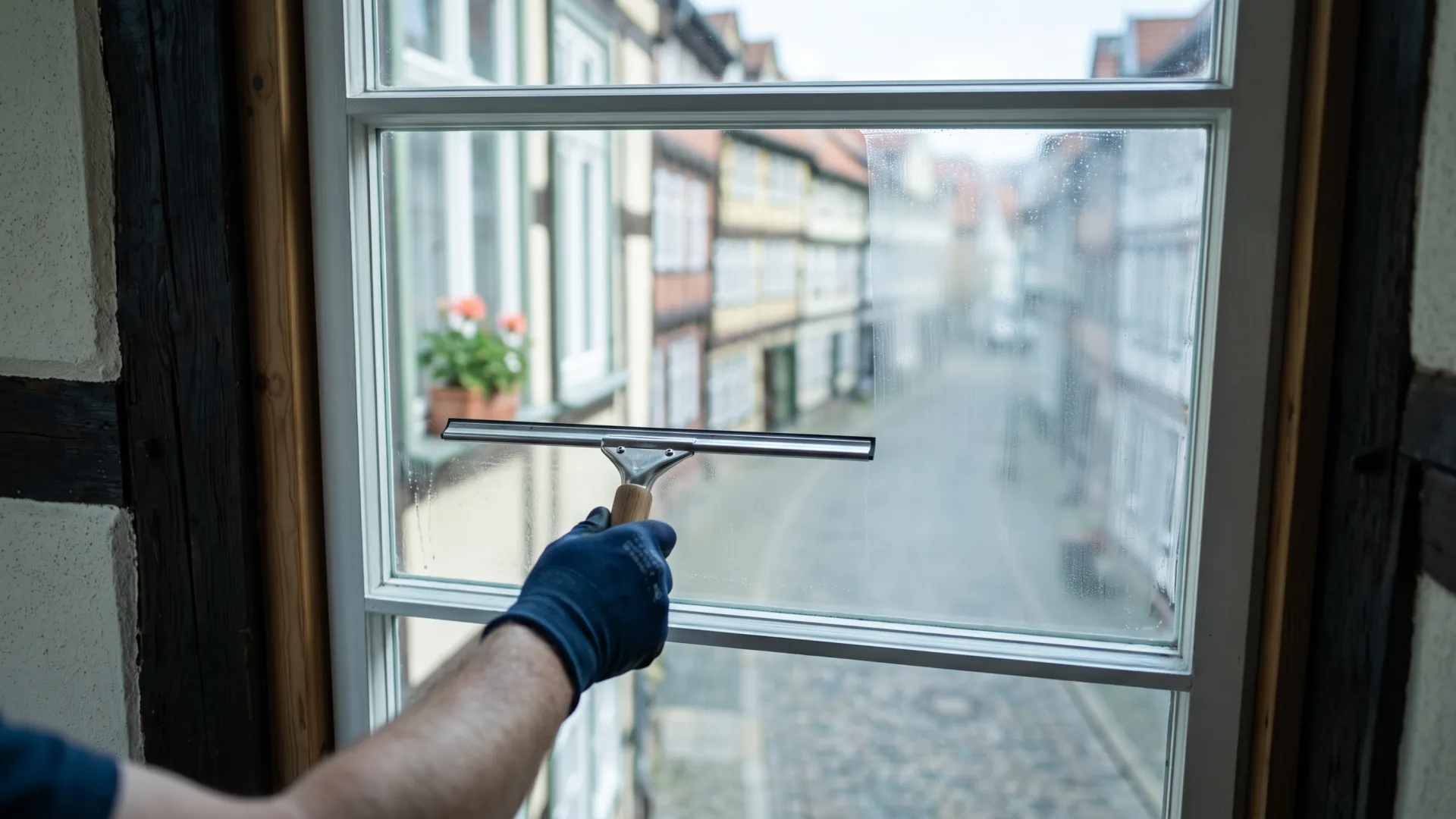 Kleines Sprossenfenster in einem Fachwerkgiebel im Braunschweiger Magniviertel wird geputzt.