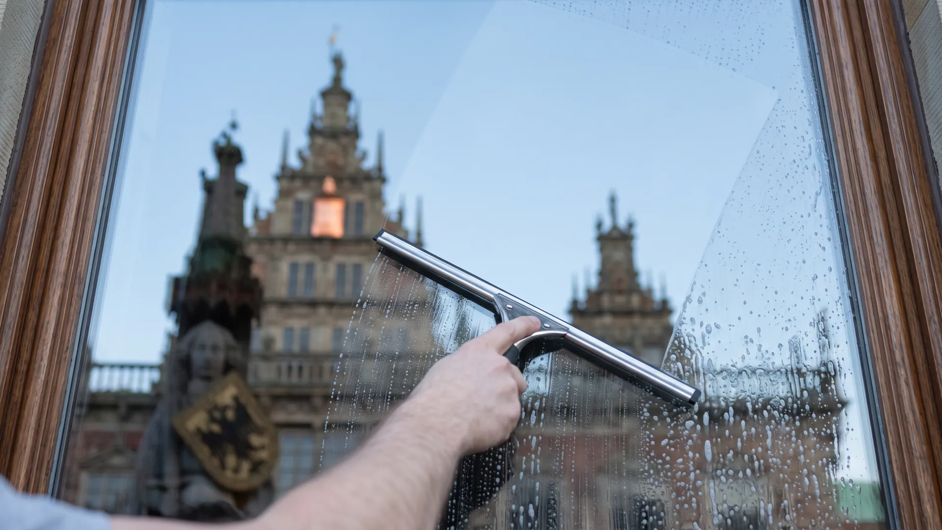 Hohes schmales Fenster eines Altbremer Hauses beim Putzen, im Glas spiegeln sich Rathausgiebel und Roland.