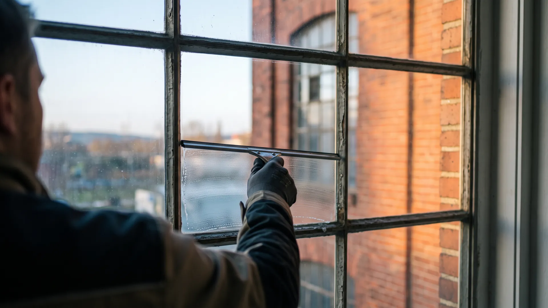 Großes Stahlsprossenfenster einer Dortmunder Backsteinhalle wird von einer Arbeitsbühne aus gereinigt.