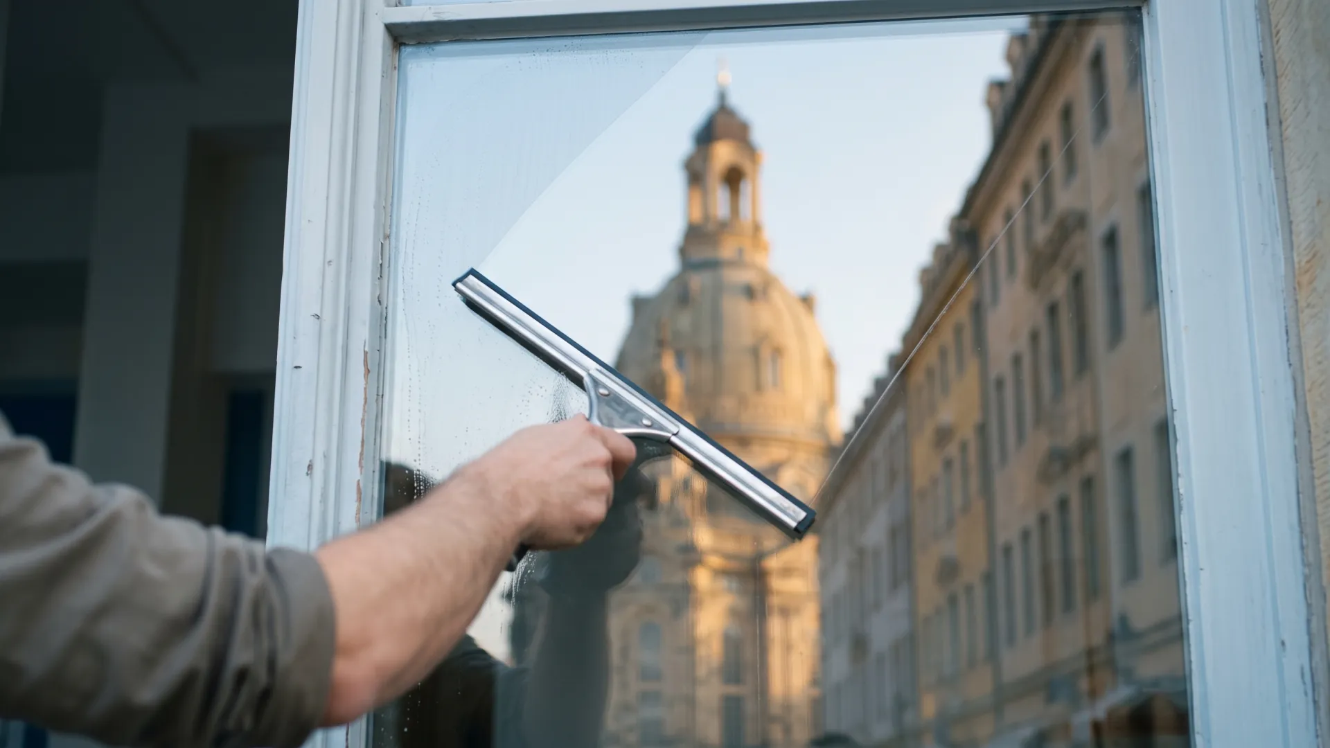 Fenster in der Dresdner Altstadt wird abgezogen, in der Spiegelung die Steinkuppel der Frauenkirche im Abendlicht.