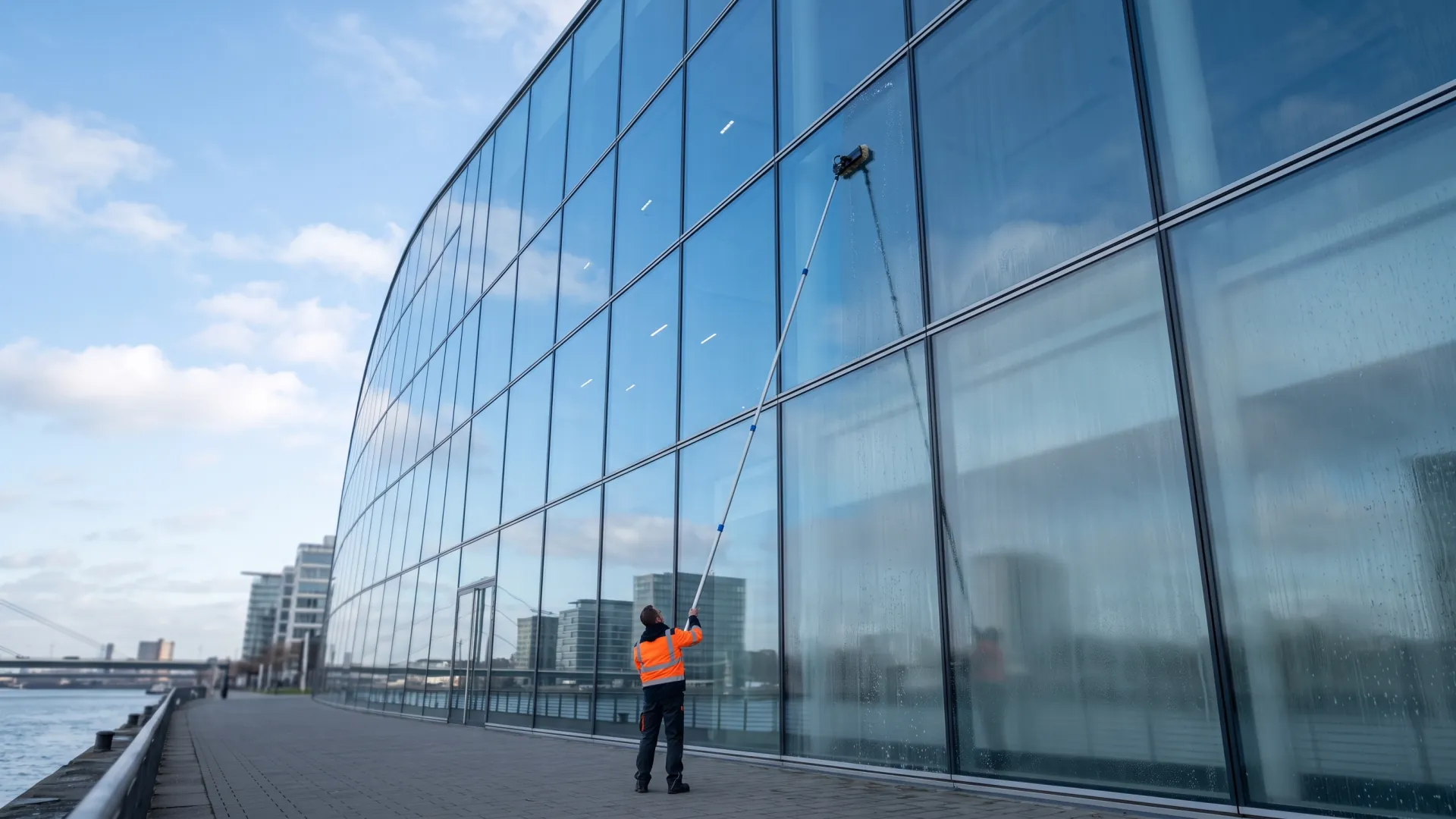 Reinigung einer geschwungenen Glasfassade in Düsseldorf mit der Teleskopstange, im Glas spiegeln sich Himmel und Wolken.
