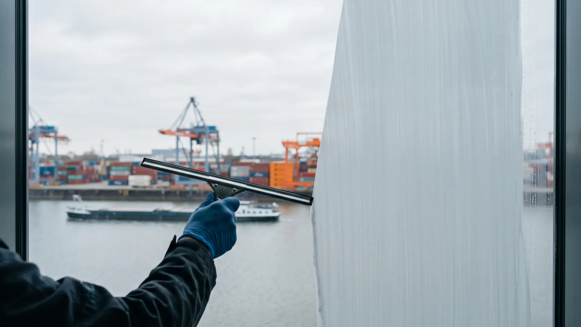Blick aus einem Duisburger Büro durch die frisch geputzte Scheibe auf Kräne und Container im Binnenhafen.