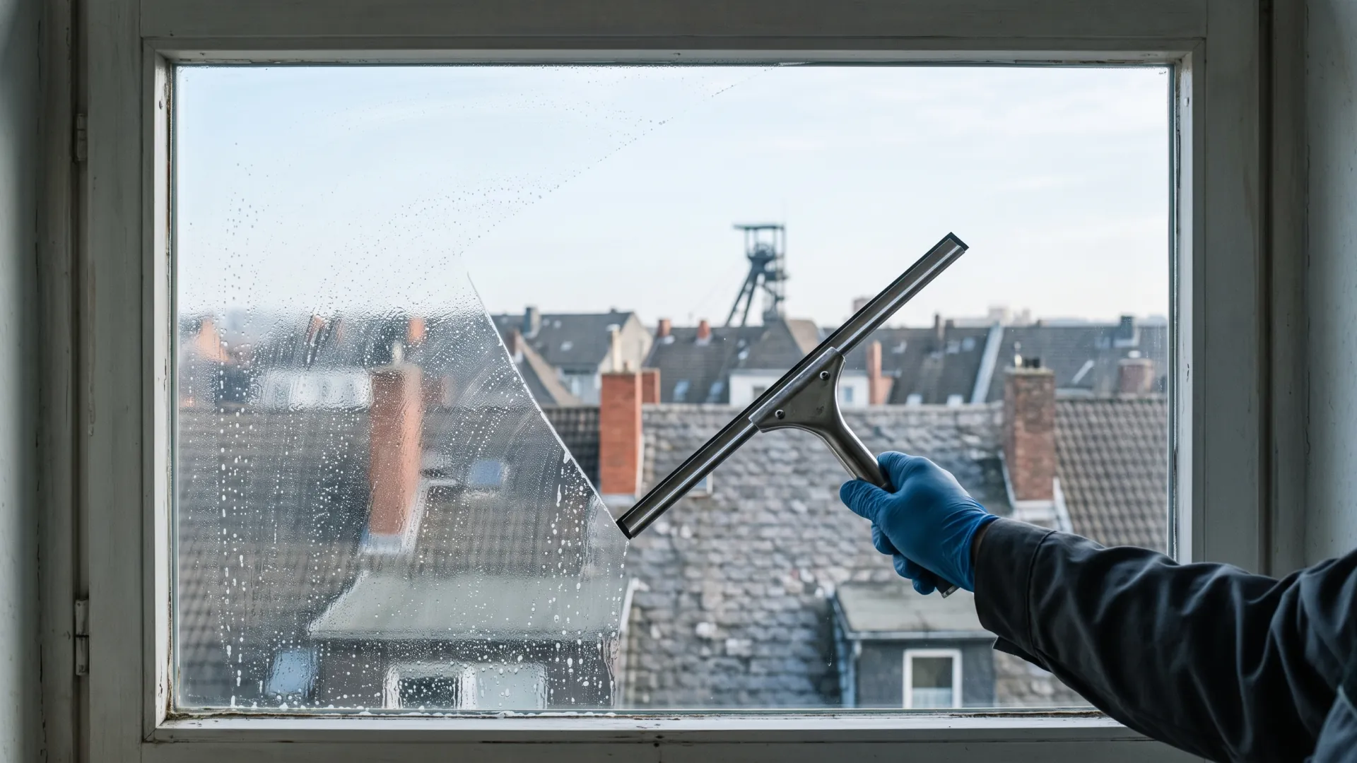 Blick aus einer Essener Wohnung über Ruhrgebietsdächer, am Horizont die Silhouette eines Fördertums.