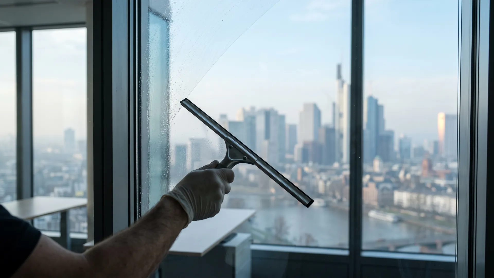 Blick aus einem Frankfurter Büro in der Höhe durch die geputzte Scheibe auf die Hochhaussilhouette im Morgendunst.