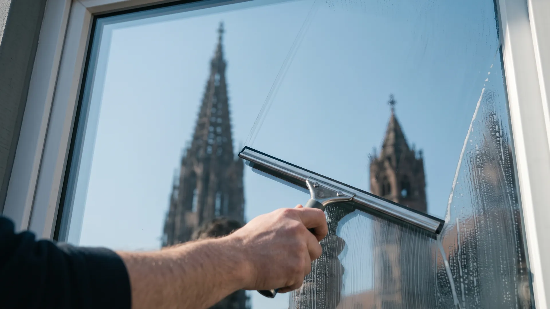 Fenster in der Freiburger Altstadt bei praller Sonne, im Glas der durchbrochene Münsterturm, der Seifenfilm trocknet schon an.