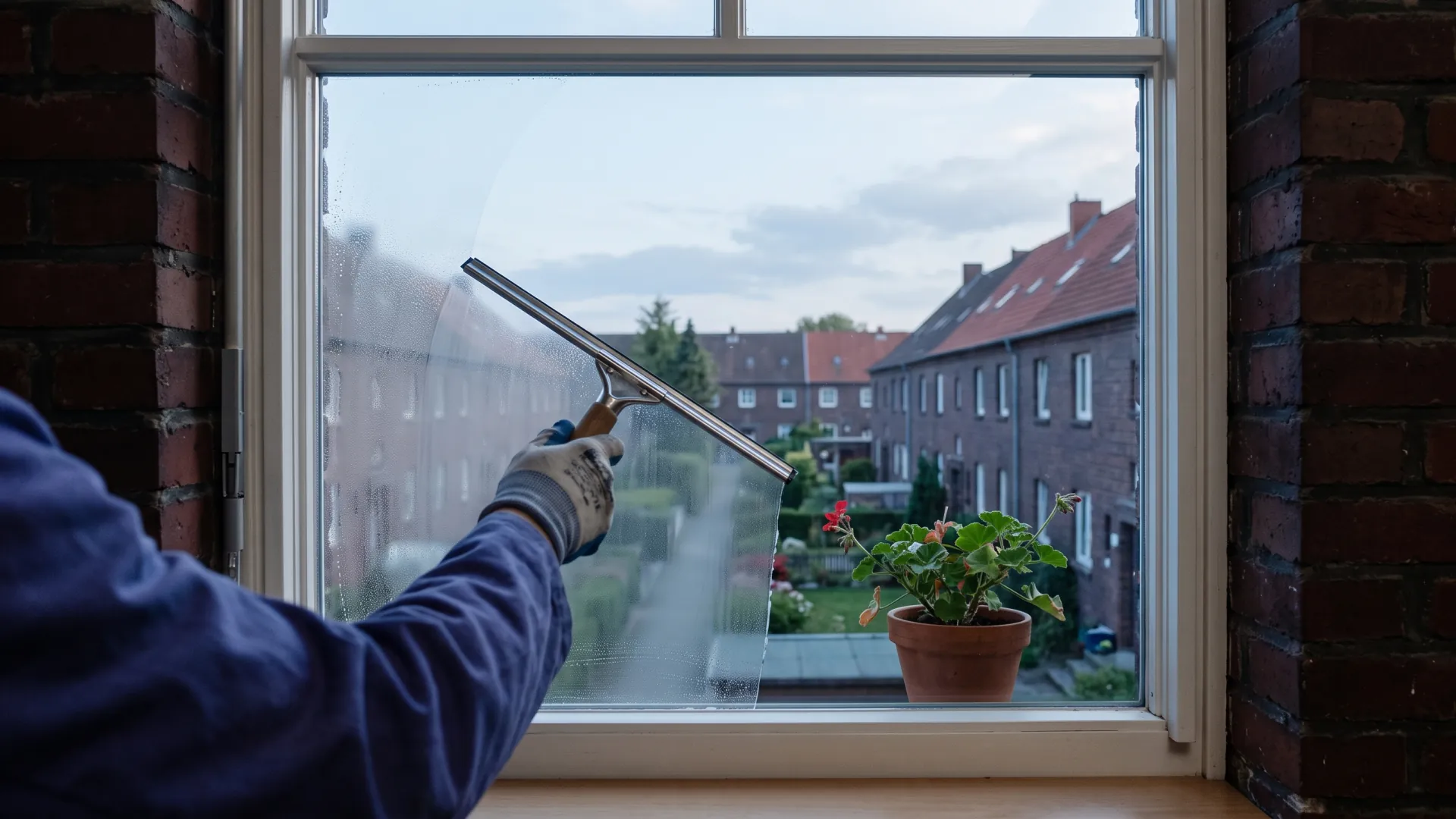 Kleines Sprossenfenster einer Gelsenkirchener Arbeitersiedlung aus Backstein wird geputzt, daneben ein Blumentopf.
