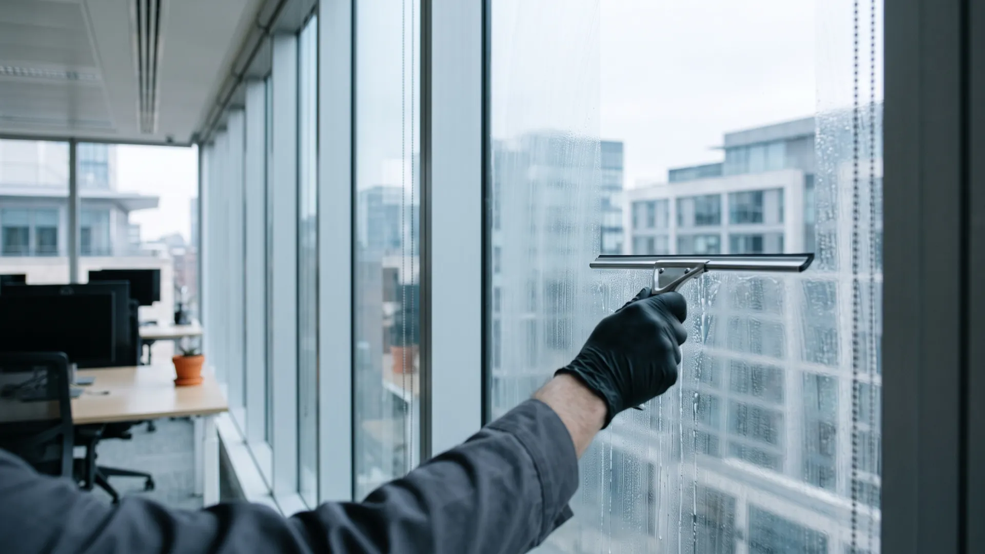 Fensterband eines Großraumbüros wird gereinigt, im Hintergrund unbesetzte Arbeitsplätze im weichen Unschärfebereich.