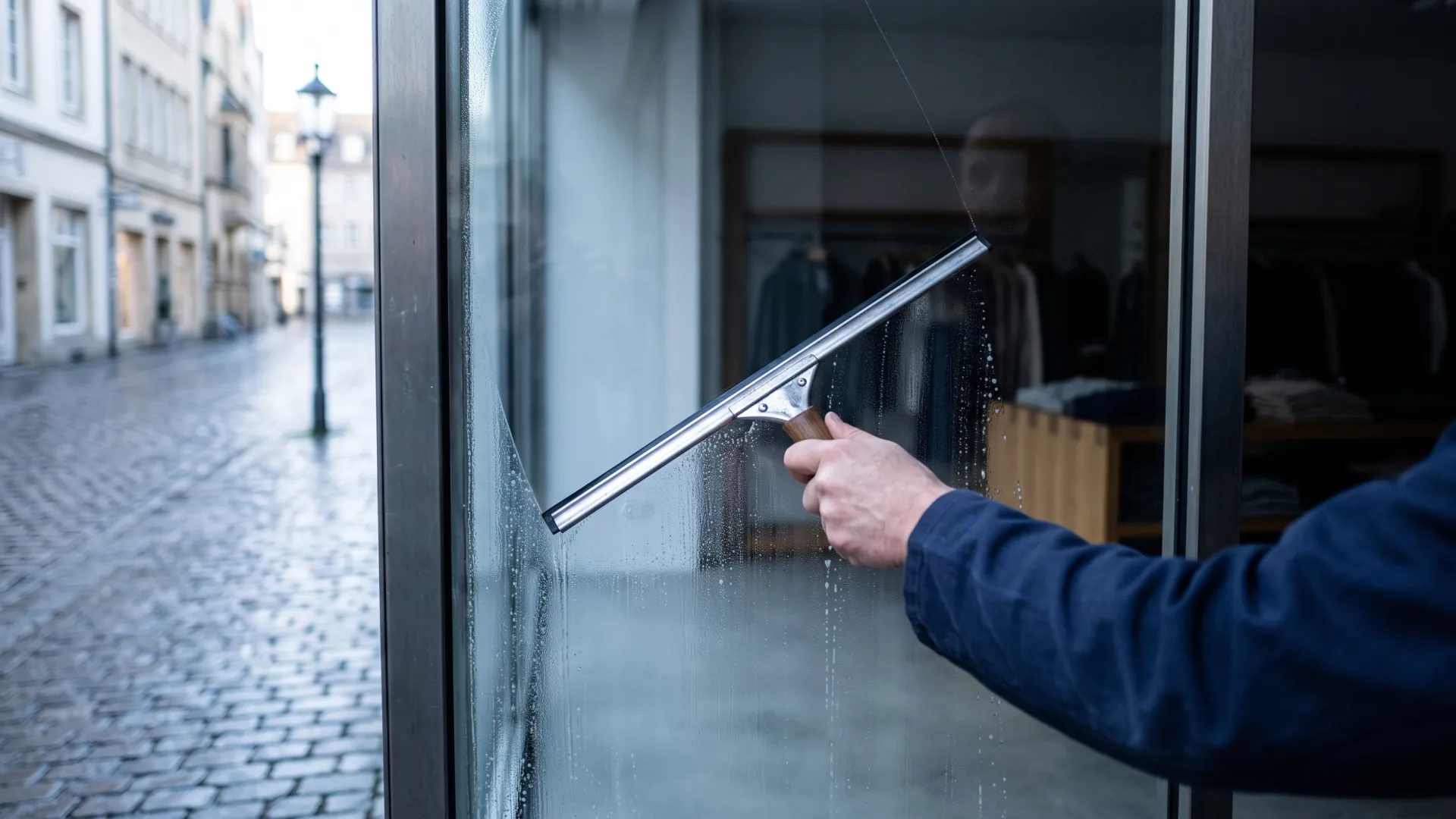 Schaufenster eines Ladengeschäfts wird am frühen Morgen von außen gereinigt, die Fußgängerzone ist noch leer.