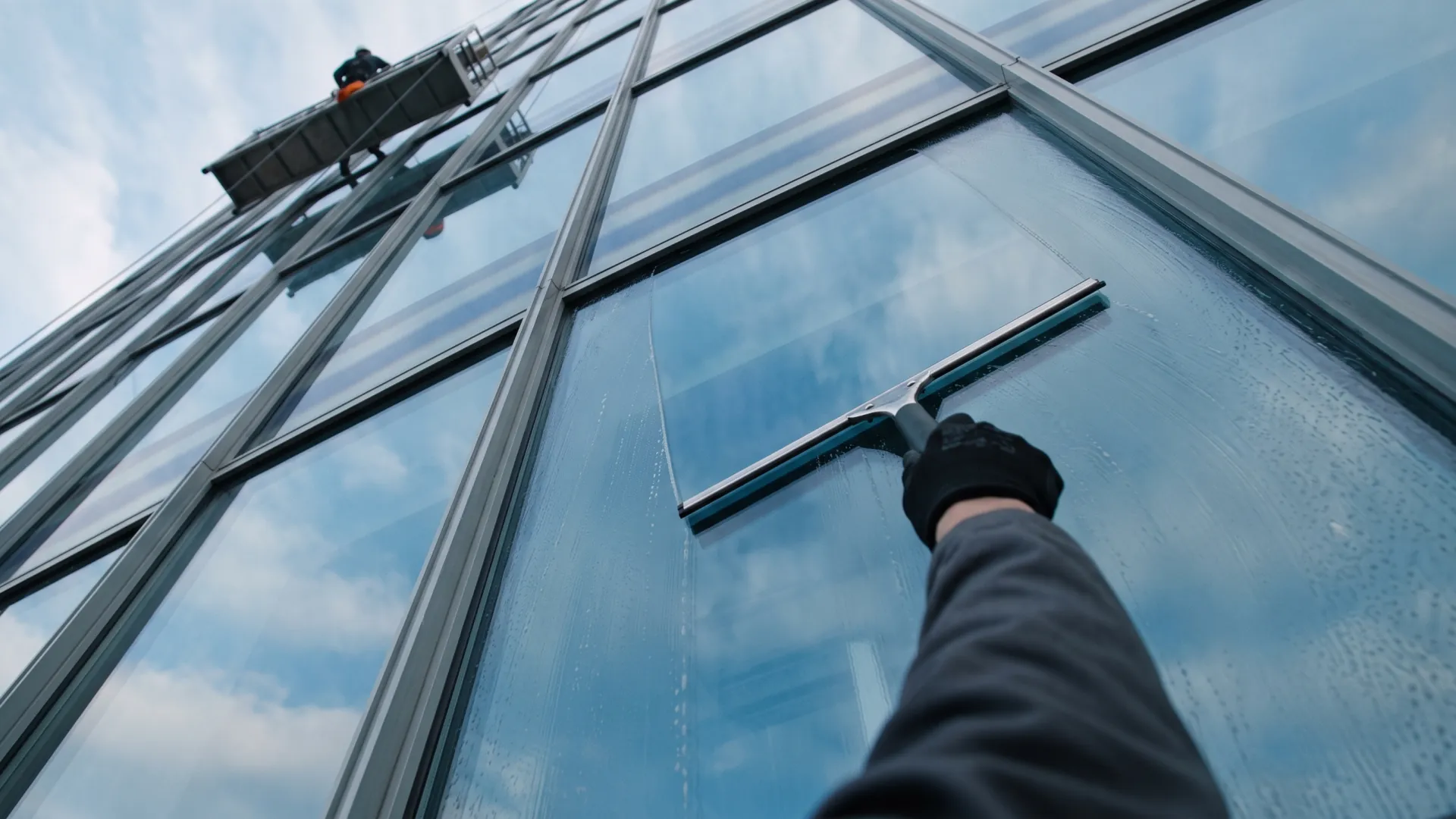 Blick an einer hohen Glasfassade nach oben, ein Fensterreiniger arbeitet von einer Hängebühne aus an der Verglasung.
