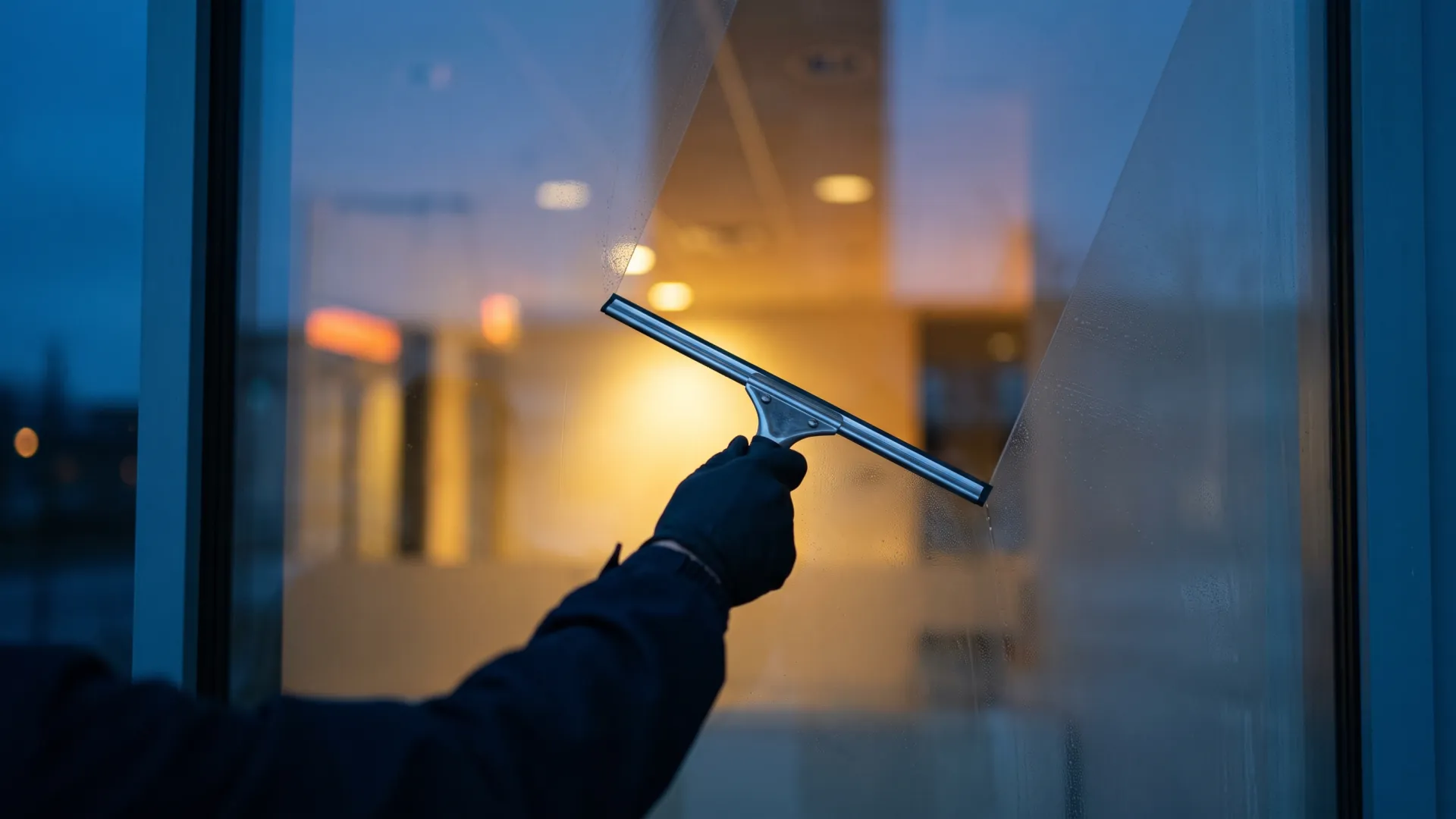 Gewerbegebäude in der Dämmerung, die Fenster leuchten von innen, ein Fensterreiniger arbeitet an einer Scheibe im Erdgeschoss.
