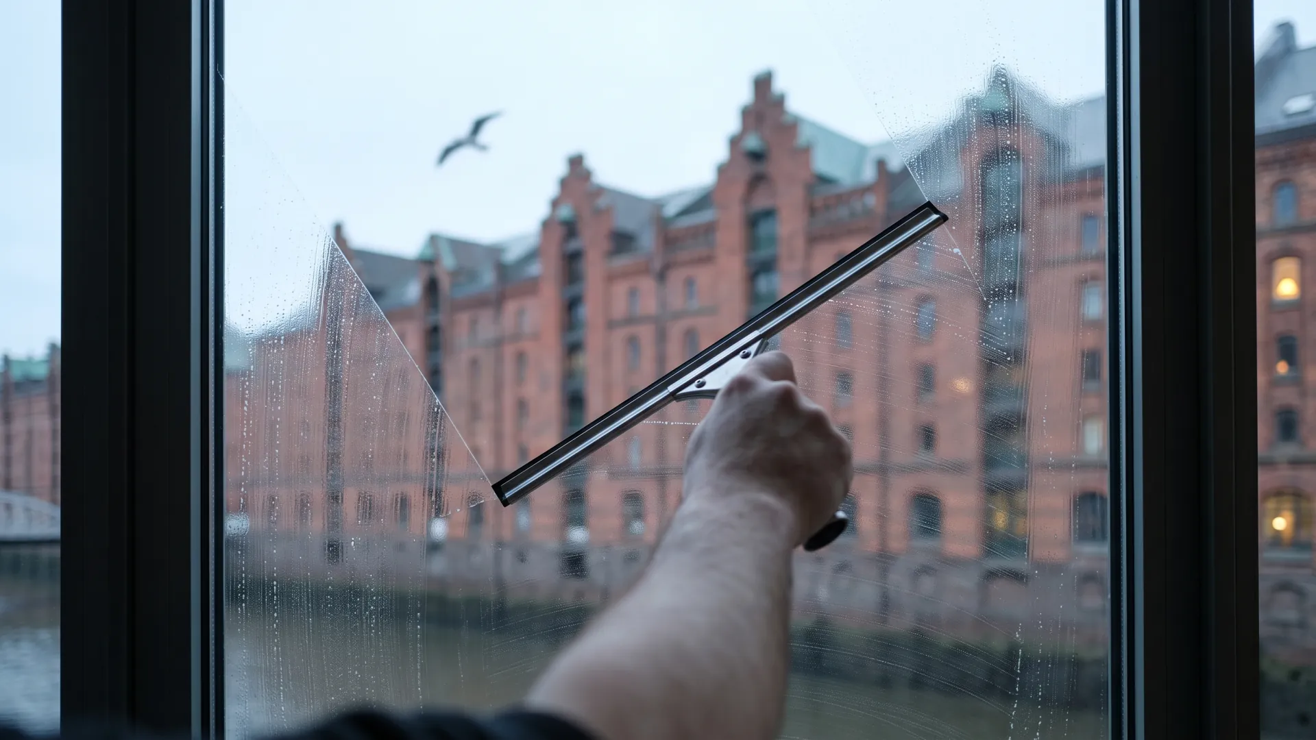 Fenster über einem Hamburger Fleet wird abgezogen, im Glas spiegeln sich die Backsteingiebel der Speicherstadt.