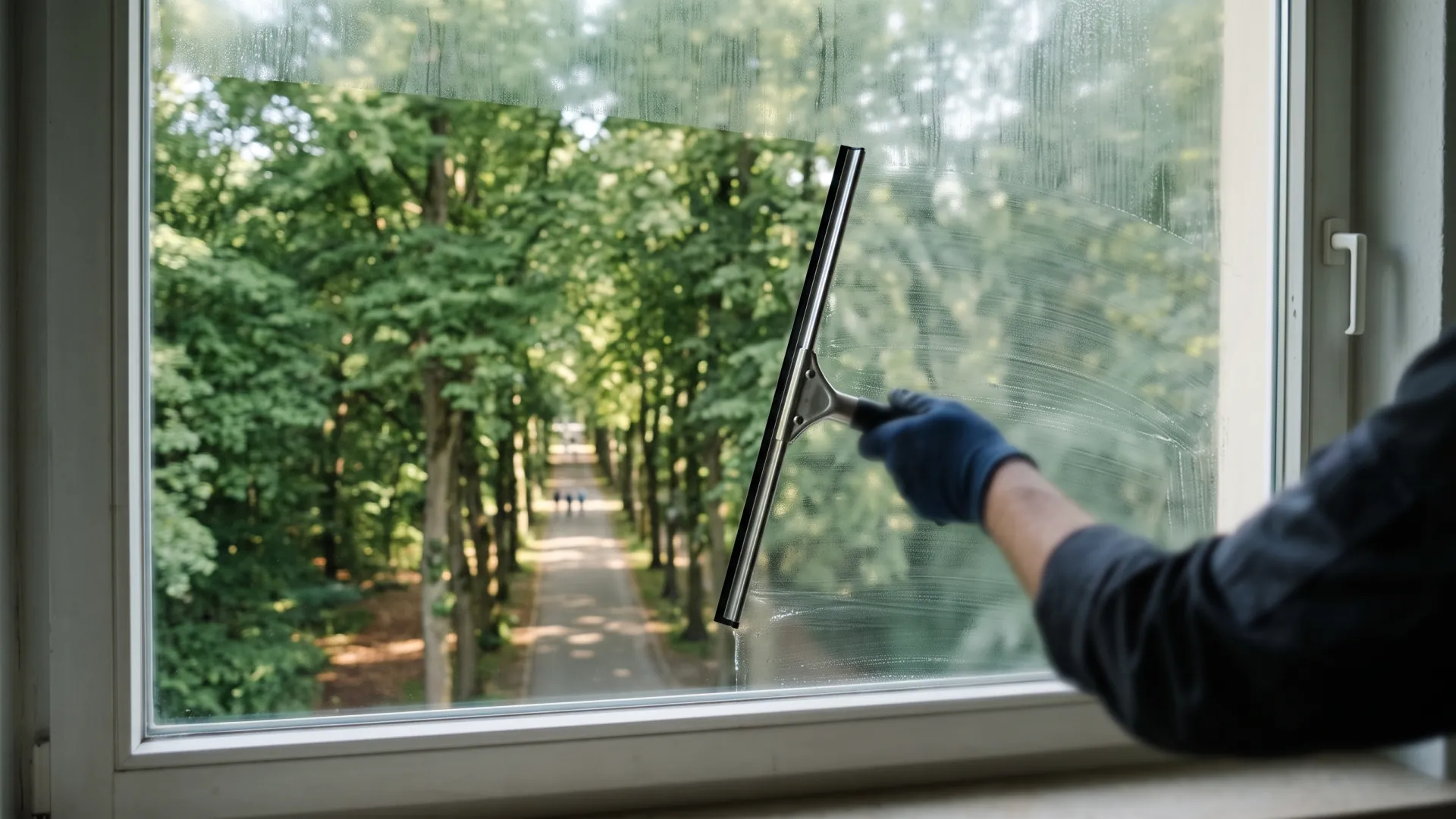 Blick aus einer Hannoveraner Wohnung durch die frisch geputzte Scheibe in die Baumkronen der Eilenriede.