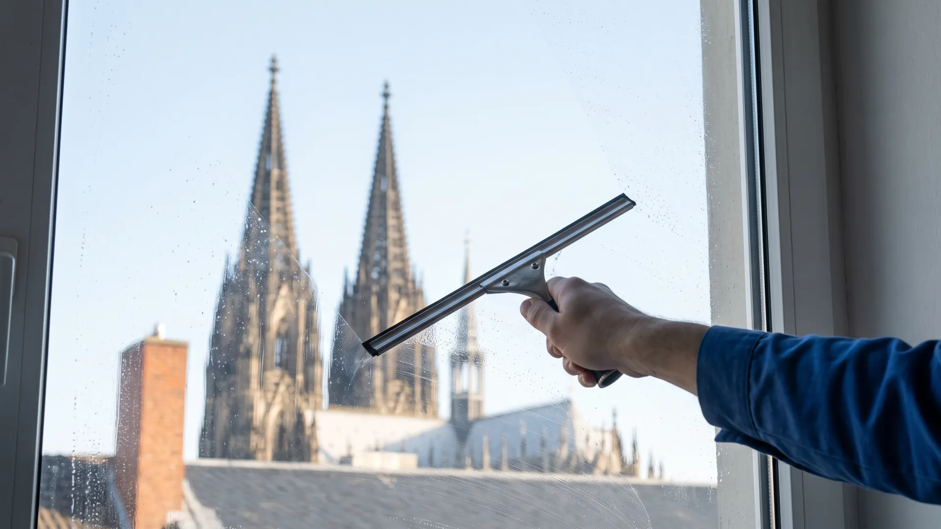 Altbaufenster in der Kölner Südstadt wird abgezogen, in der Spiegelung die beiden Türme des Kölner Doms.