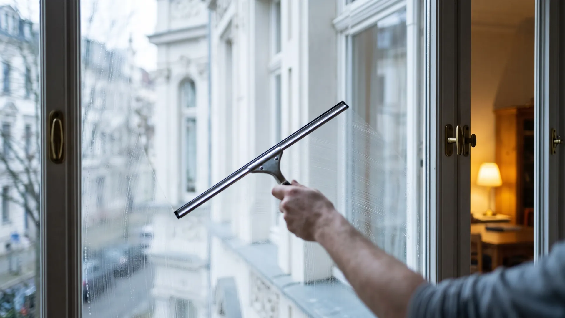 Hohes Leipziger Kastenfenster im Gründerzeitaltbau mit Stuckrahmen wird geputzt, der Innenflügel steht offen.