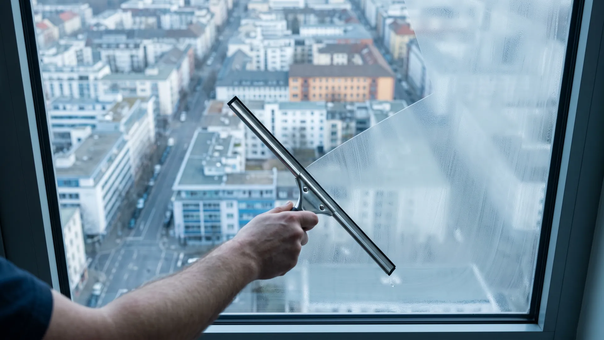 Blick aus einem hohen Mannheimer Fenster durch die geputzte Scheibe auf das rechtwinklige Raster der Quadrate.