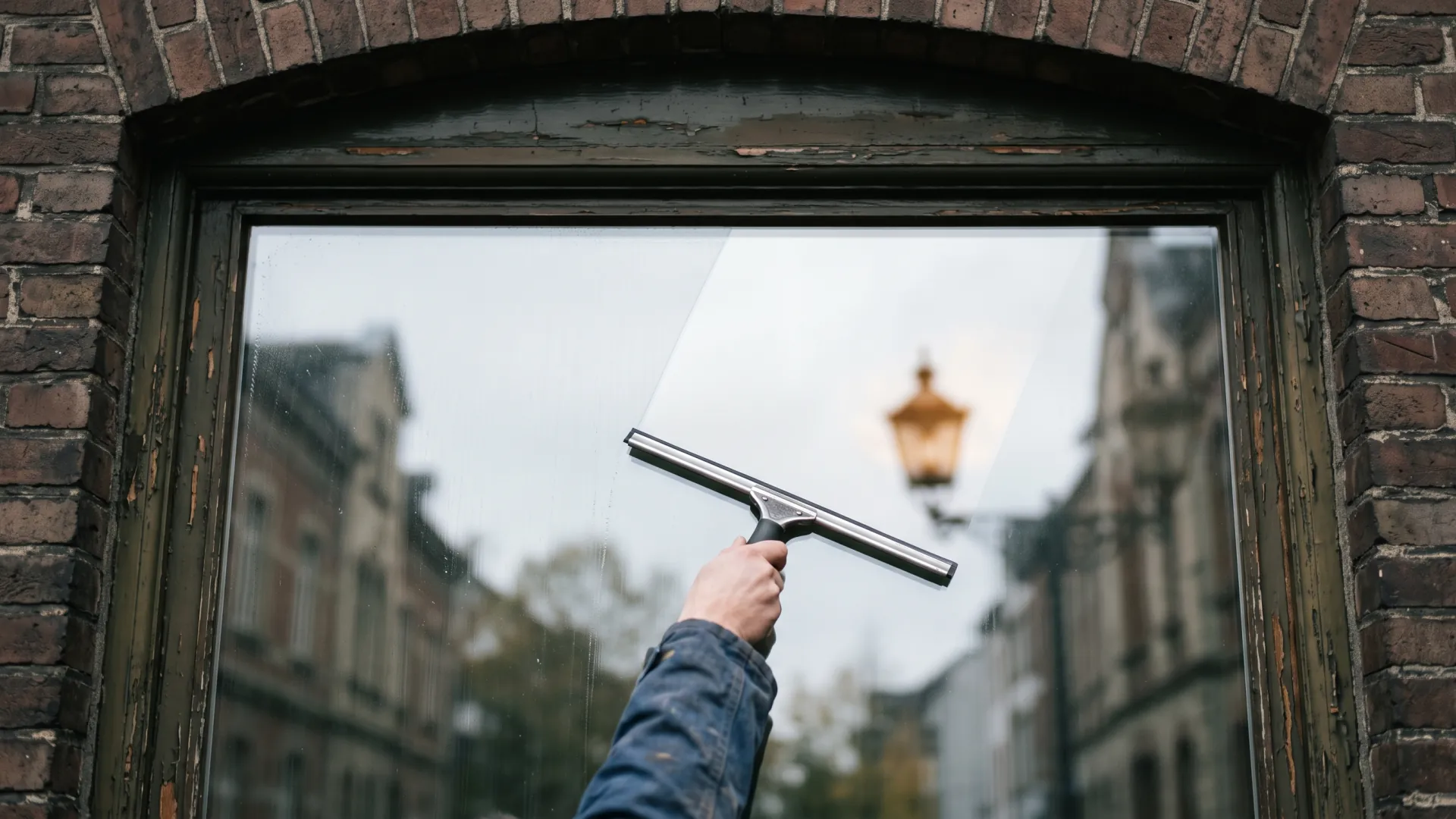 Hohes Fenster in einer Mönchengladbacher Backsteinfassade aus der Textilzeit wird gereinigt.