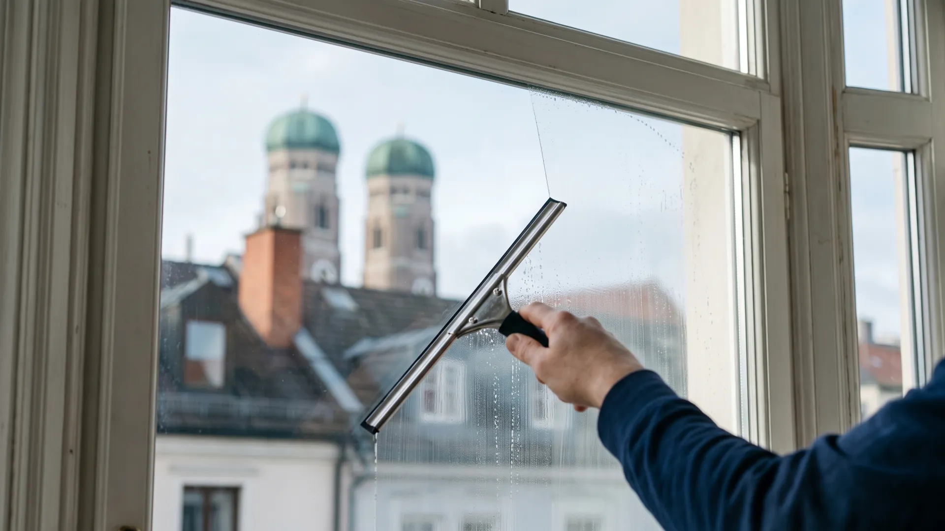Altbaufenster in München-Schwabing wird abgezogen, im Glas spiegeln sich die Zwiebeltürme der Frauenkirche.