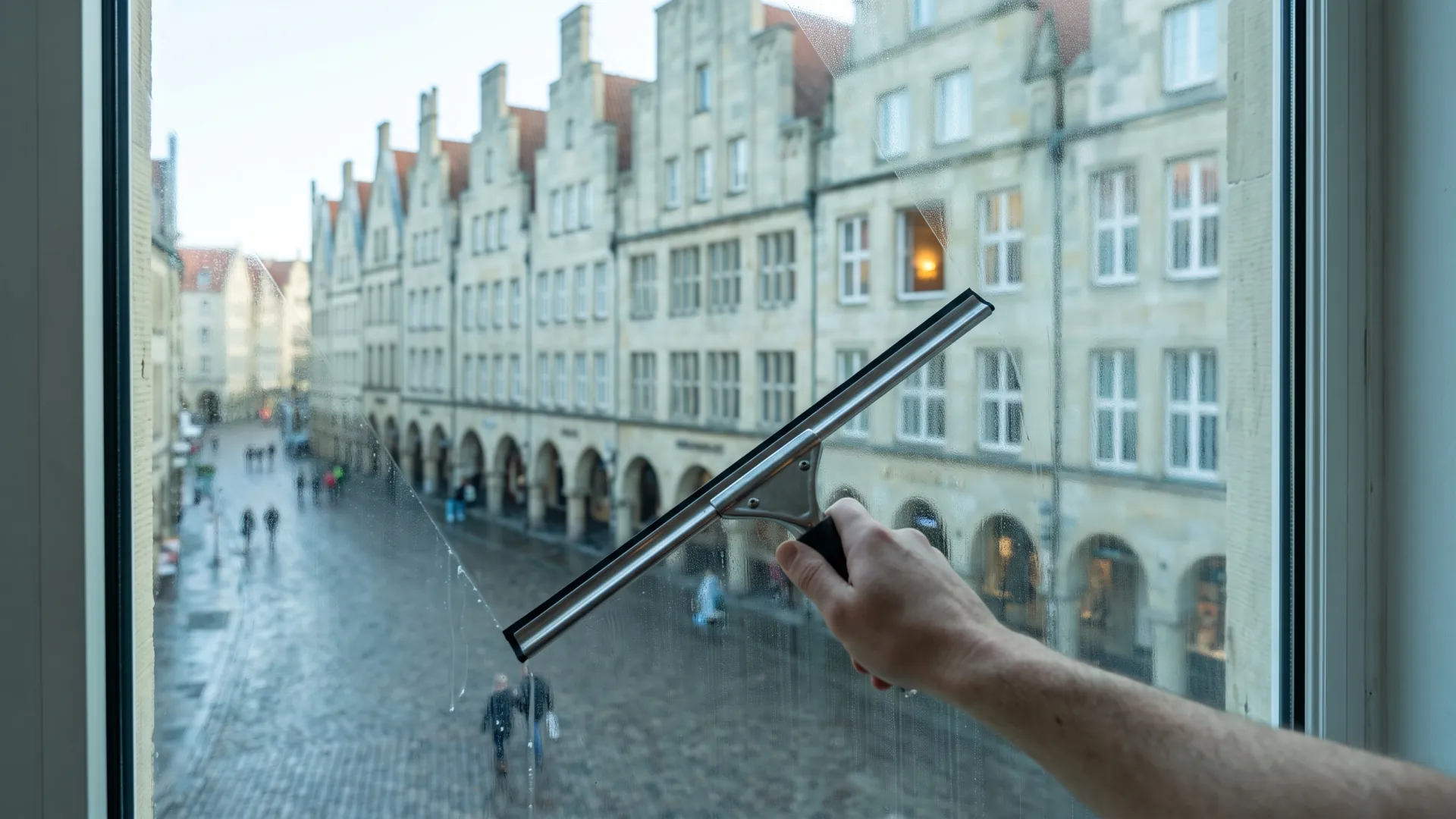 Fenster über den Arkaden des Münsteraner Prinzipalmarkts, in der Spiegelung die Giebelhäuser gegenüber.