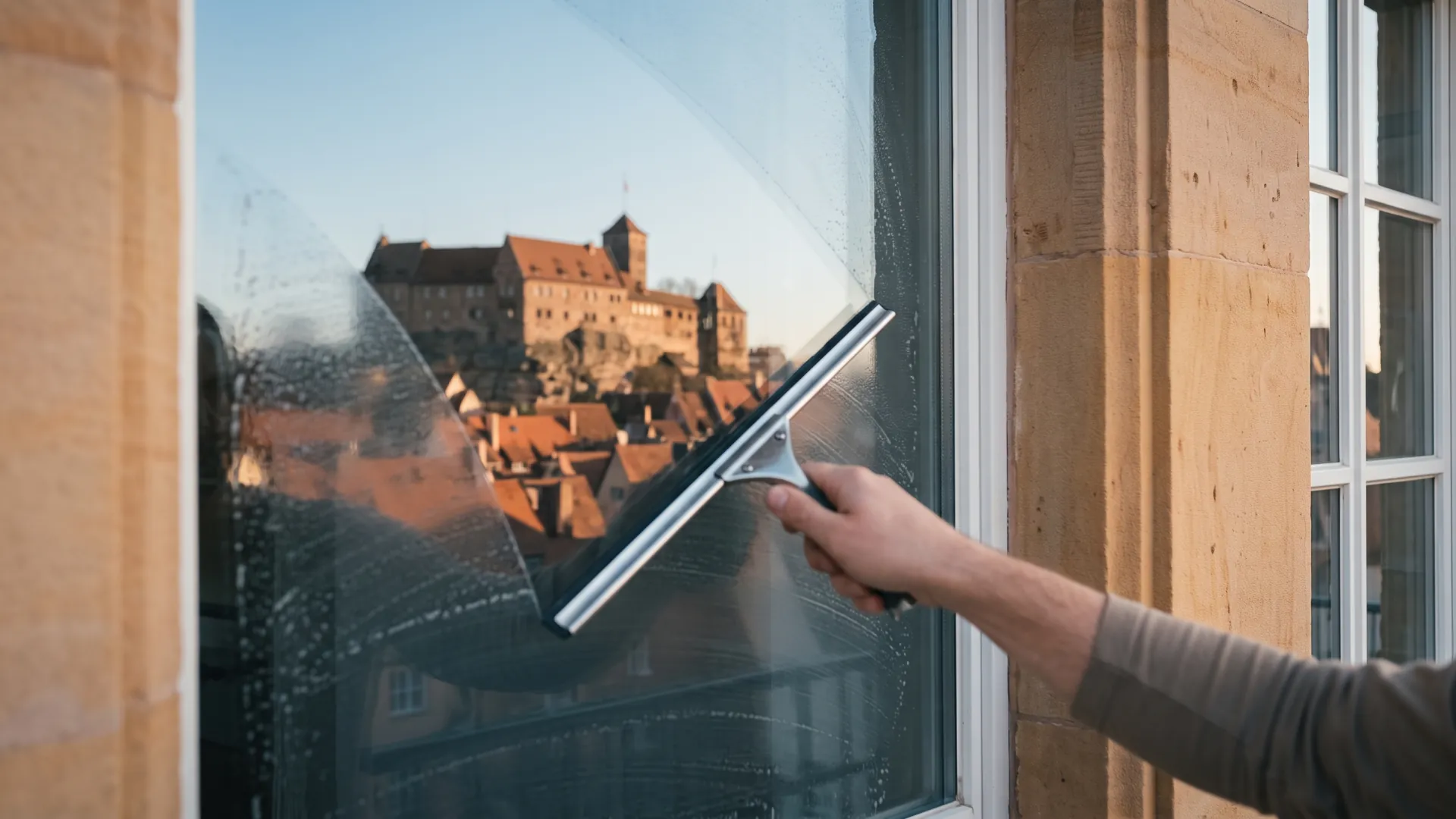 Sprossenfenster in einer Nürnberger Sandsteinfassade wird geputzt, in der Spiegelung die Kaiserburg über den Dächern.