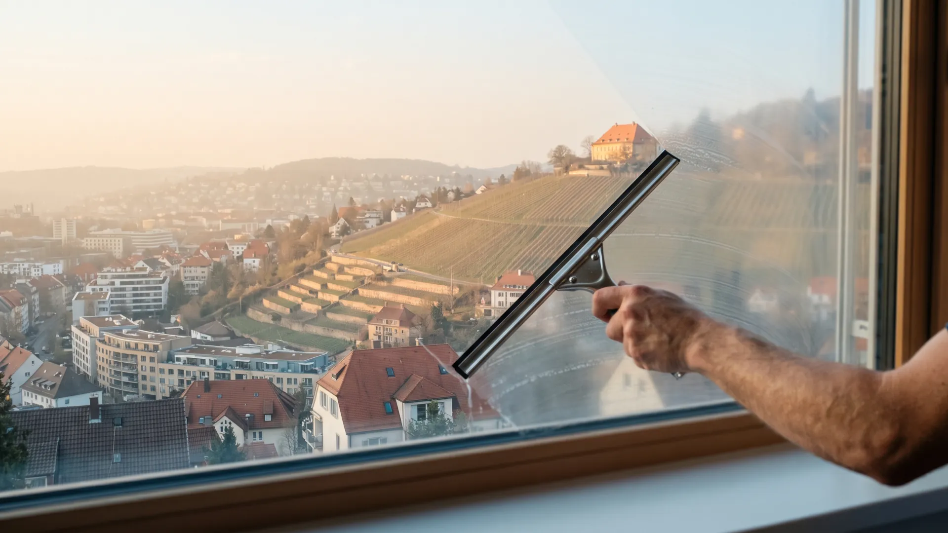 Blick durch ein frisch geputztes Panoramafenster in Stuttgarter Halbhöhenlage über den Kessel und die Weinberge.