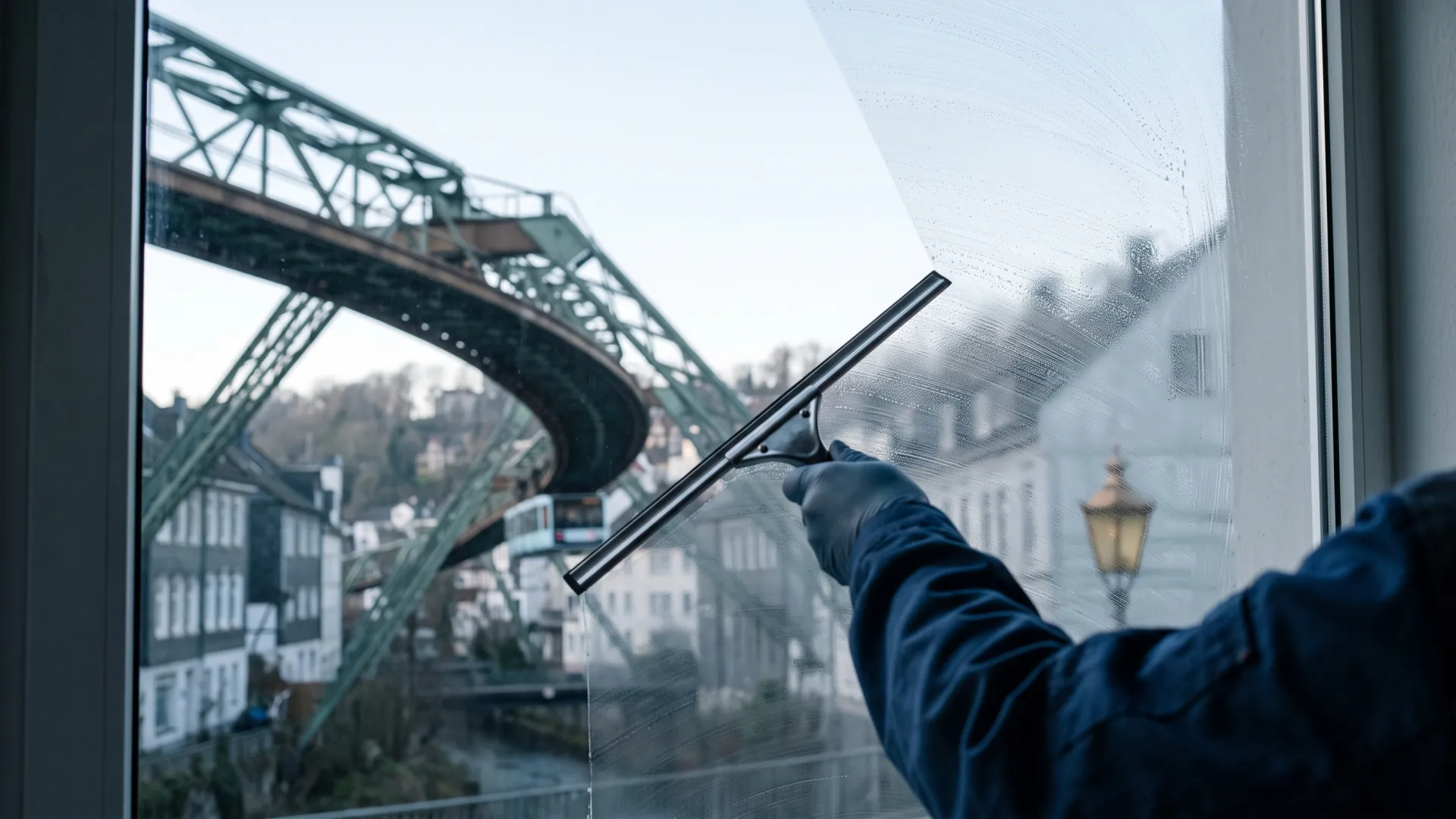 Fenster eines Wuppertaler Hanghauses wird geputzt, in der Spiegelung die Stahltrasse der Schwebebahn über der Wupper.
